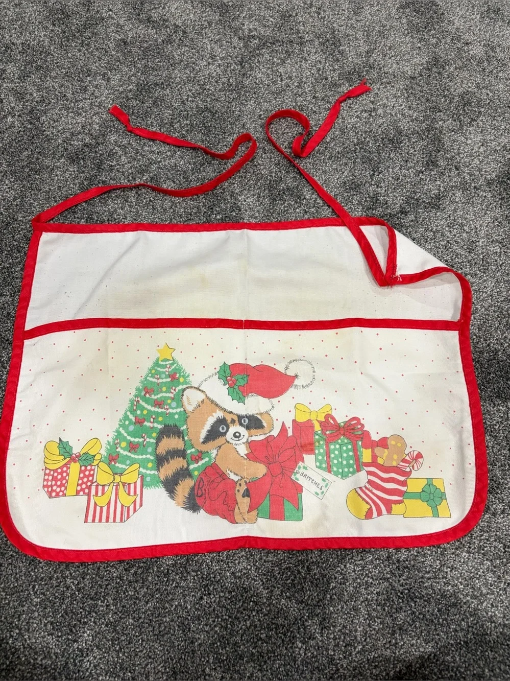 Vintage Christmas Raccoon Apron - Red Trim with graphic and pockets-tie waist